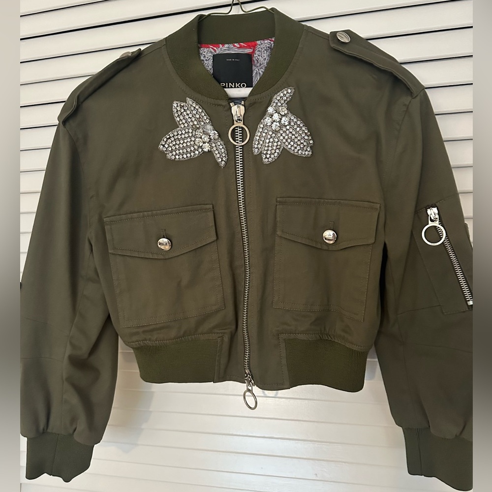 Pinko Military style cropped bomber jacket with crystal embellishments